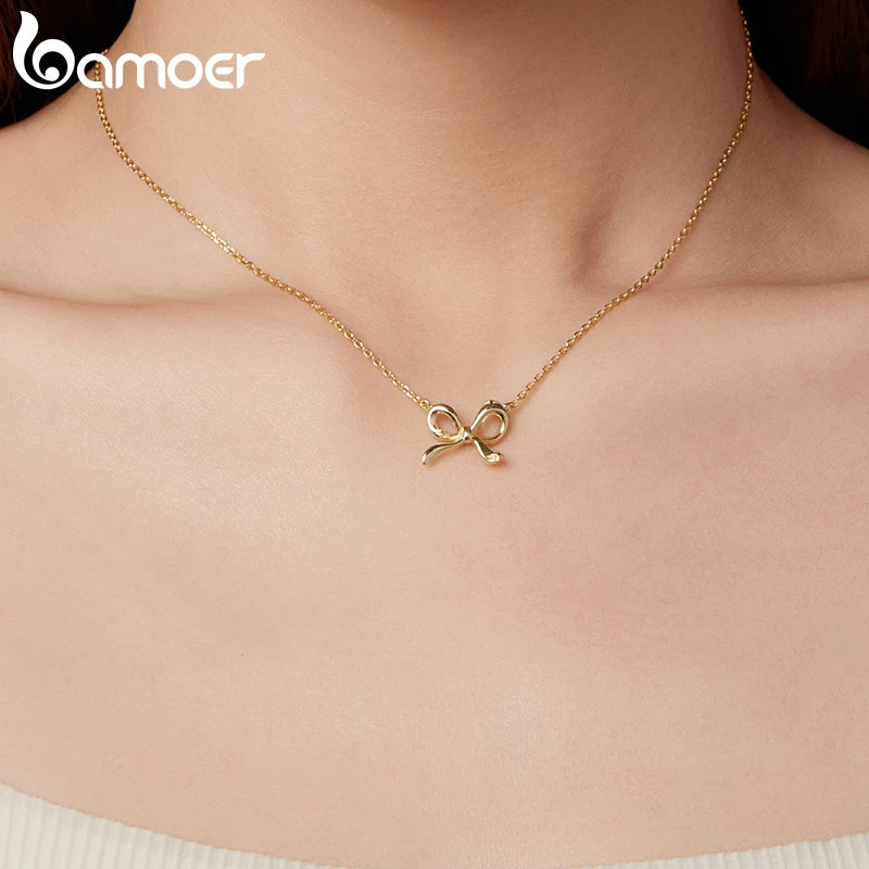 BAMOER 925 Sterling Silver Bowknot Chain Necklace Gold Plated Link Chain with Bow Choker for Women Girls Fashion Jewelry Gifts