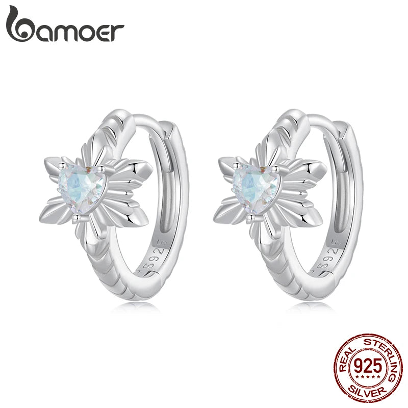 BAMOER Solid 925 Sterling Silver Ice Flower Huggie Earrings, Small Geometric Hoop Earrings for Women BSE1134