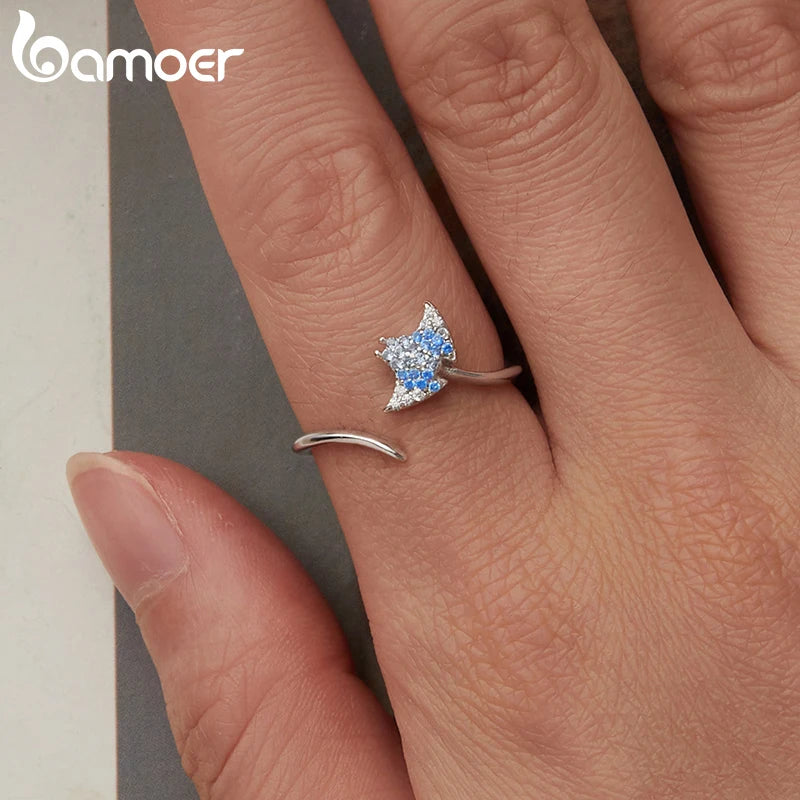 BAMOER 925 Sterling Silber Manta-Fisch-Ring, Stapelbarer Fingerring, Niedliche Tiere, Verstellbare offene Ringe, Geburtstagsgeschenk BSR669-E