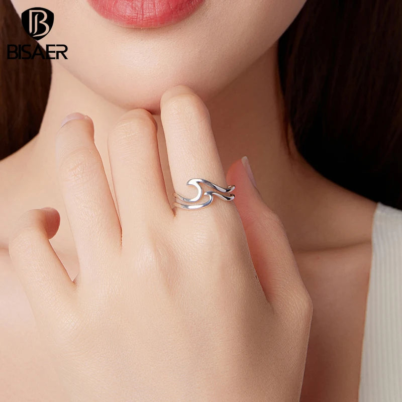 BISAER 925 Sterling Silver Curved Double-layer Open Ring Adjustable Irregular Lines Rings for Women Party Original Fine Jewelry