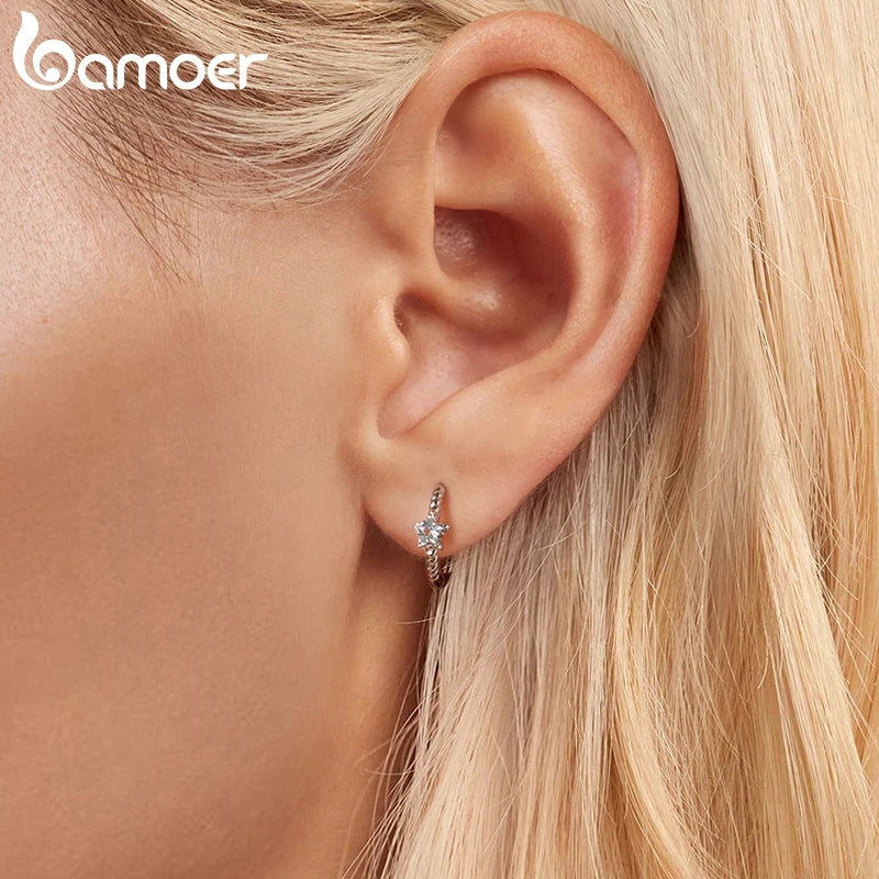 Bamoer Original 925 Sterling Silver Star Hoop Earrings Twist Ear Buckles Romantic For Women Girls Party Wedding Fine Jewelry