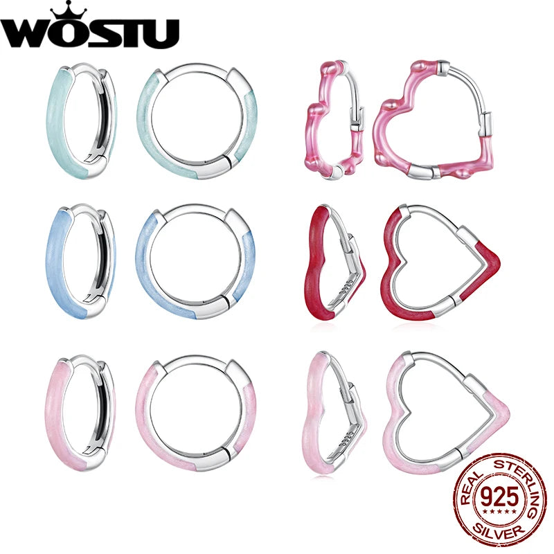 WOSTU 925 Sterling Silver Pink Round Hoop Earrings Colors Heart Original Cute for Women Girl Daily Fine Jewelry Birthday Gift