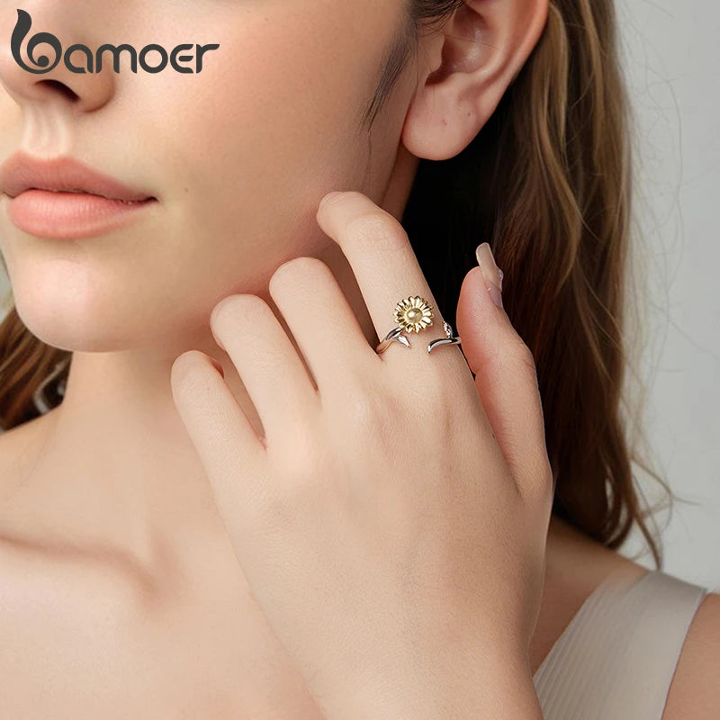 Bamoer 925 Sterling Silver Gold Sunflower Open Ring Adjusable Curved Band Flower Ring for Women Girls Lucky Birthday Gift