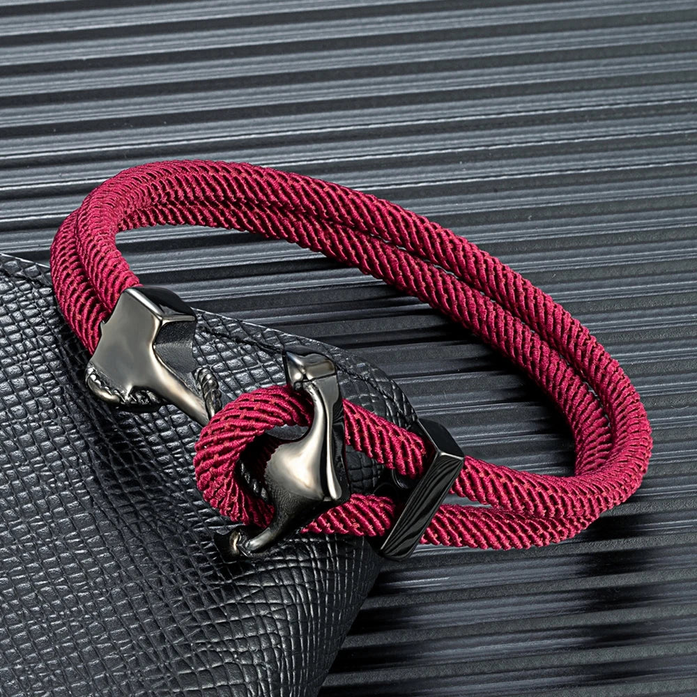 MKENDN Navy Anchor Bracelets Men Double strand Nautical Rope Bracelet Women Black Stainless Steel Surfer Sport Hook