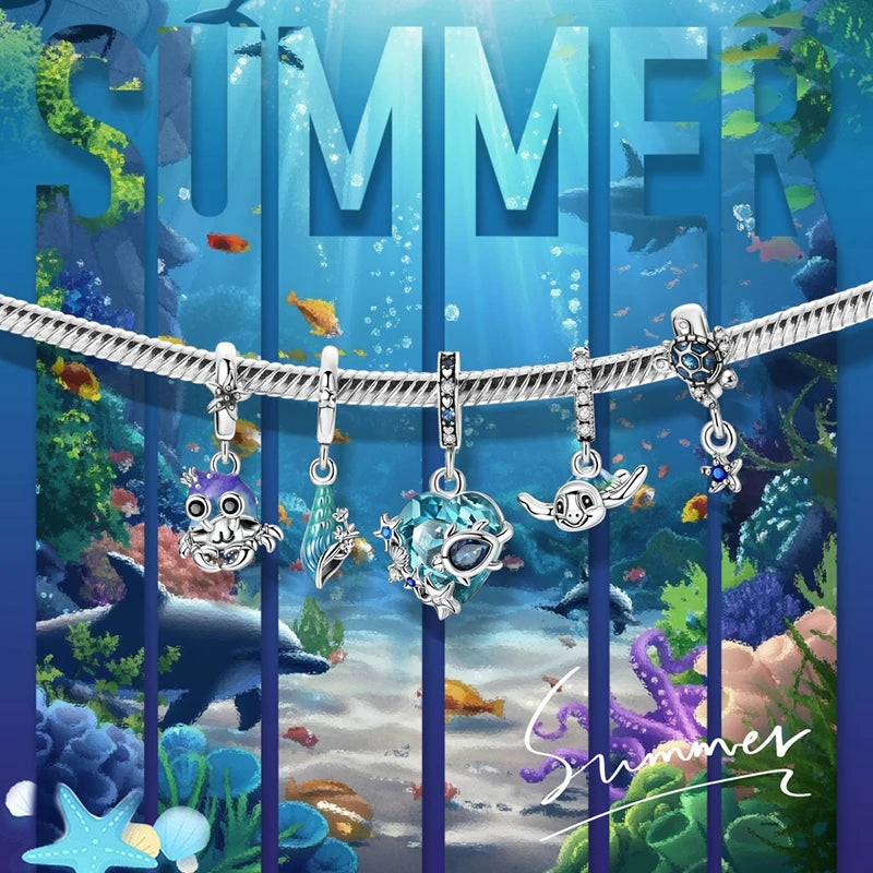 Summer New 925 Sterling Silver Zircon Crab Octopus Jellyfish Turtle Shell Charms Beads Fit Original Bracelets DIY Jewelry Gifts