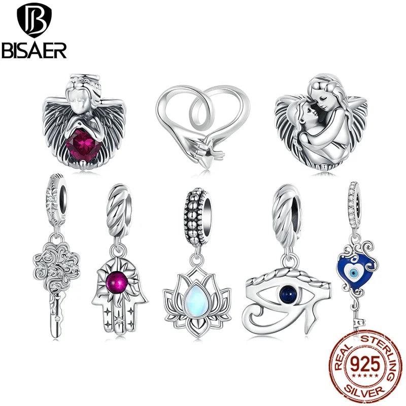 BISAER 925 Sterling Silber Lotus Hug Charm Bead Auge des Horus Hand Fatima Anhänger für Frauen DIY Armband & Halskette Edlen Schmuck