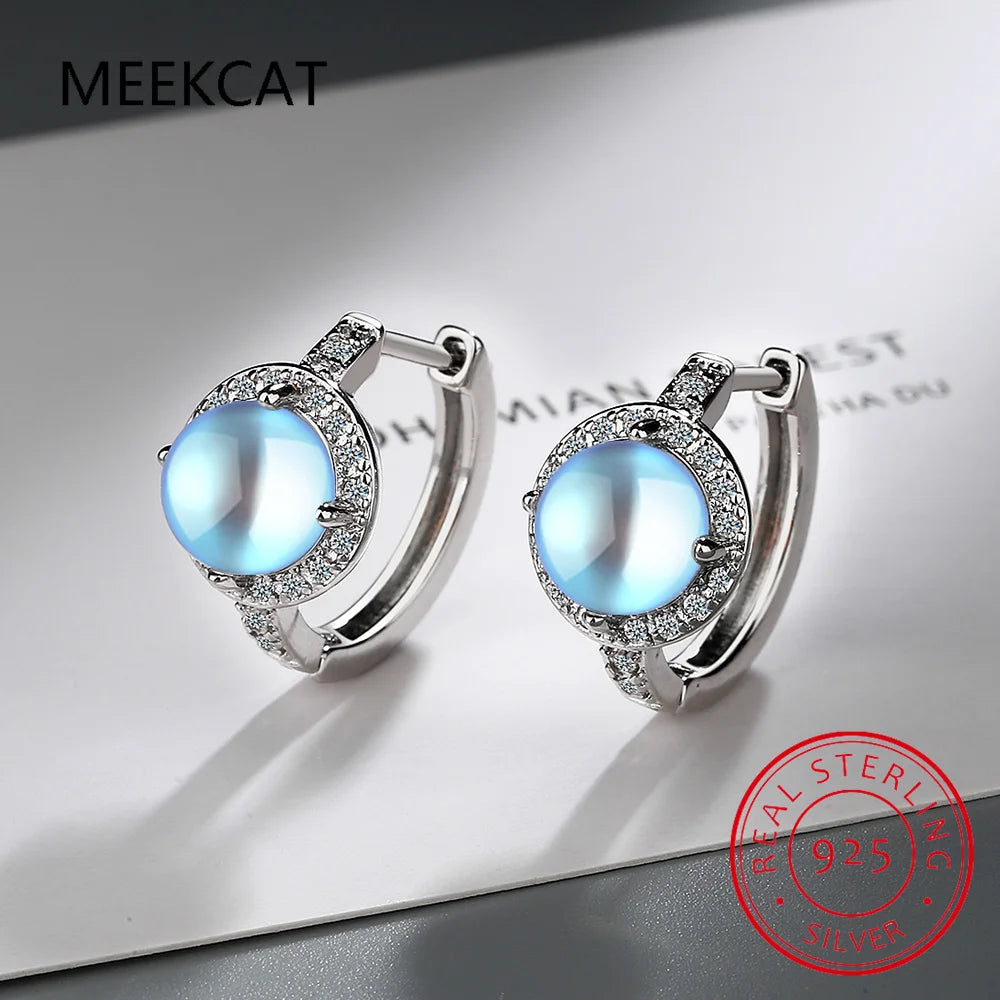 Round Cut Natural Colorful Moonstone 925 Sterling Silver Hoop Earrings for Women Gemstone Statement Jewelry Aretes De Mujer
