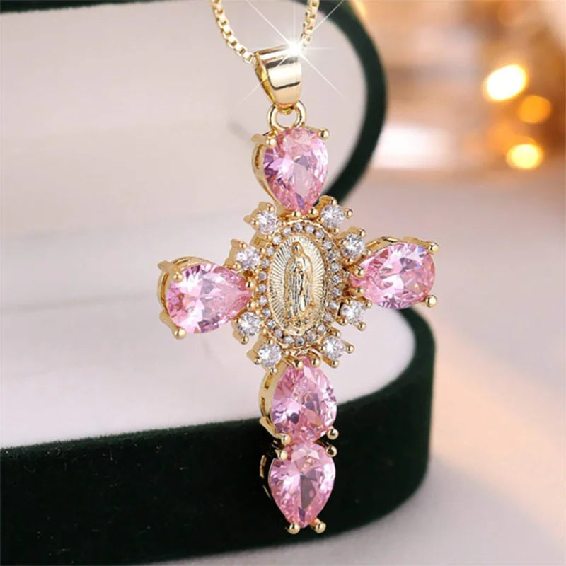 Luxury Crystal Pink Zircon Pendant Necklace For Women Vintage Water Drop Cross Rhinestones Choker Wedding Party Jewelry Gifts