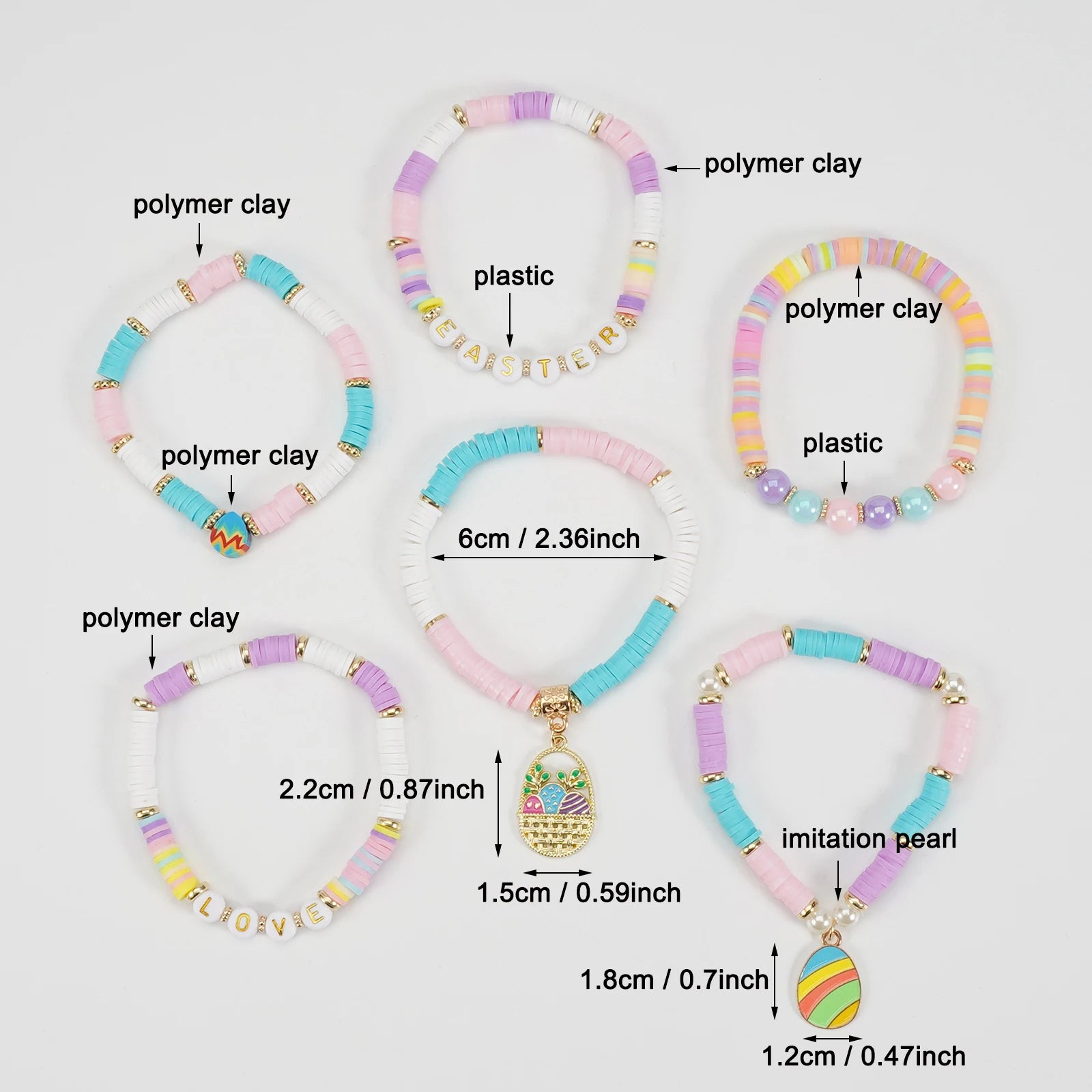 Ensemble de bracelets surfeurs Heishi de Pâques, œufs de Pâques, lapin, bracelets extensibles colorés empilables en argile perlée