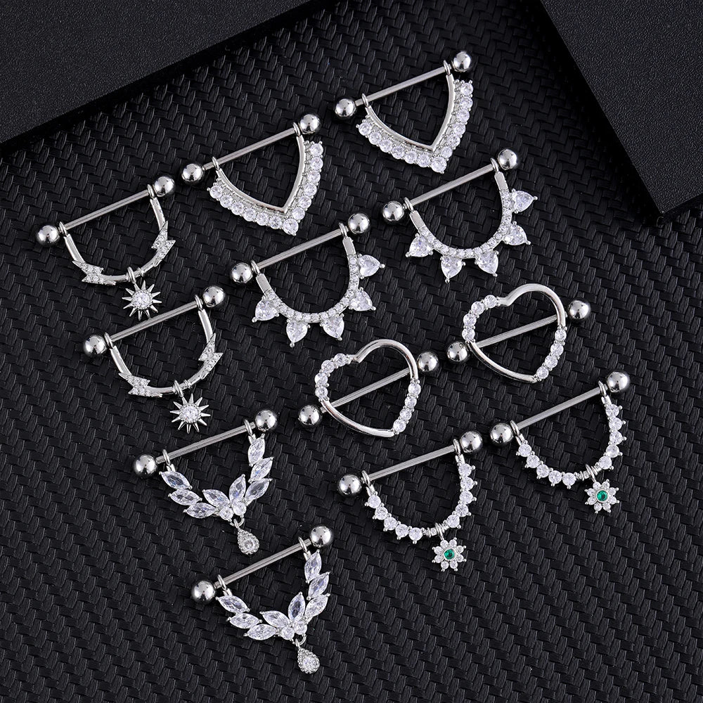 Mixed-Style Nipple Rings 14G Heart Butterfly Sword-Shaped Crystal CZs Nipple Piercing for Women Stainless Steel Shield Jewelry - Madeinsea©