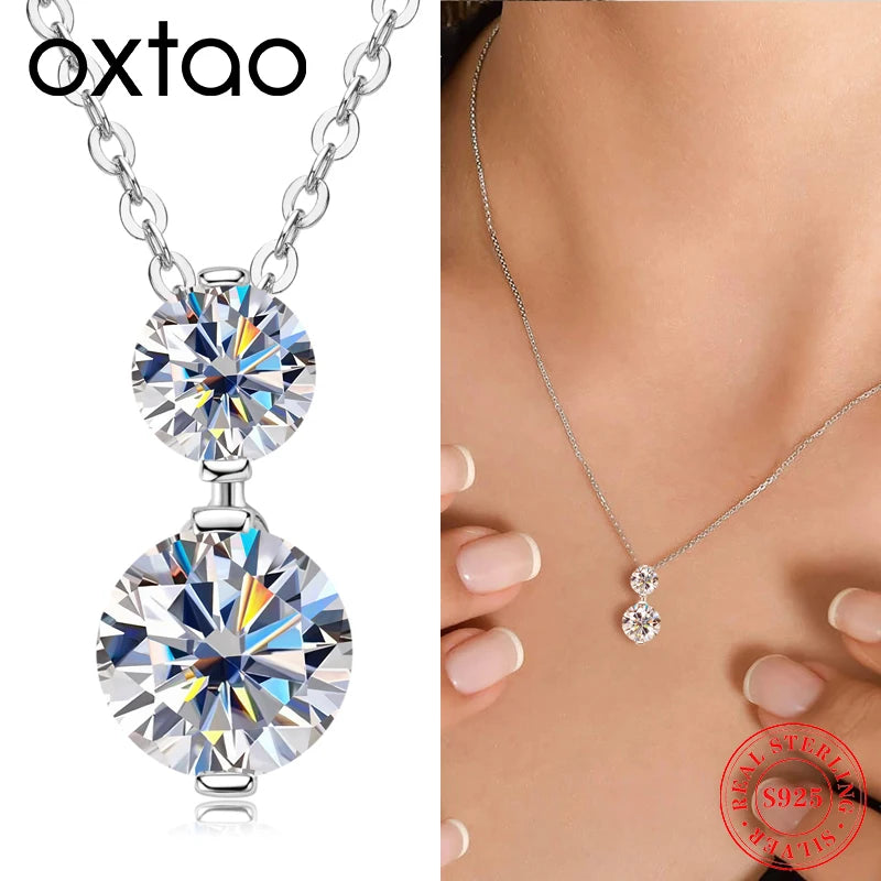 OXTAO 925 Sterling Silver Moissanite Two-stone Pendant Necklace for Women D Color VVS1 Diamond Engagement Wedding Jewelry Gift