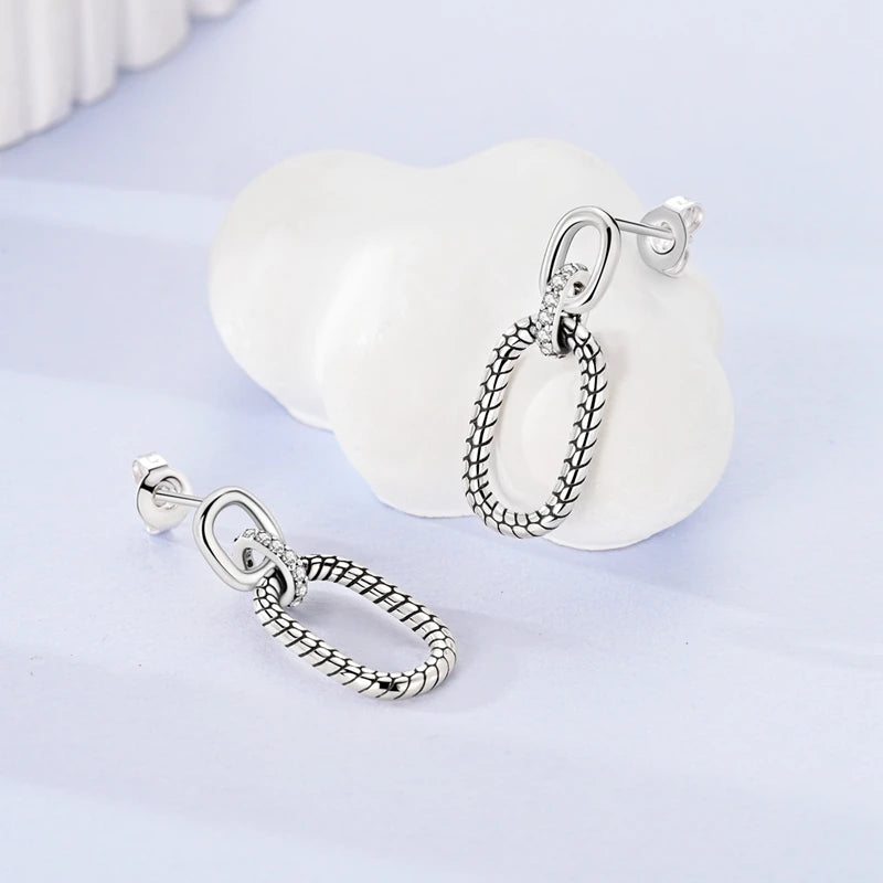 New Classic Earring For Women 925 Silver Sparkling Zircon Serpentine Rectangular Star Cat Double Hoop Earring Engagement Jewelry