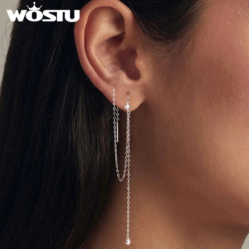 WOSTU Moissanite Star Long Dangle Earrings Chain for Women, 925 Silver Teens Line Dangle Earring Tassel Threader Chain Pendiant