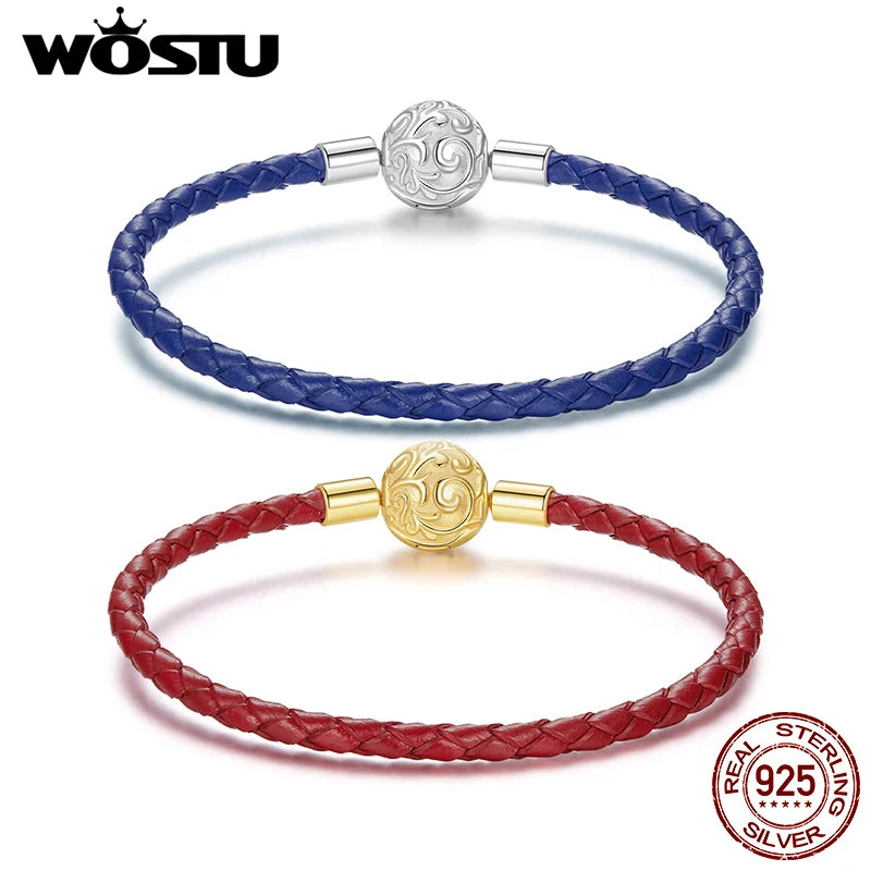 WOSTU 925 Sterling Silver Braided Leather Rope Bracelet For Women Retro Flower Heart Lock Basic Bangle Bracelet Black Red Blue