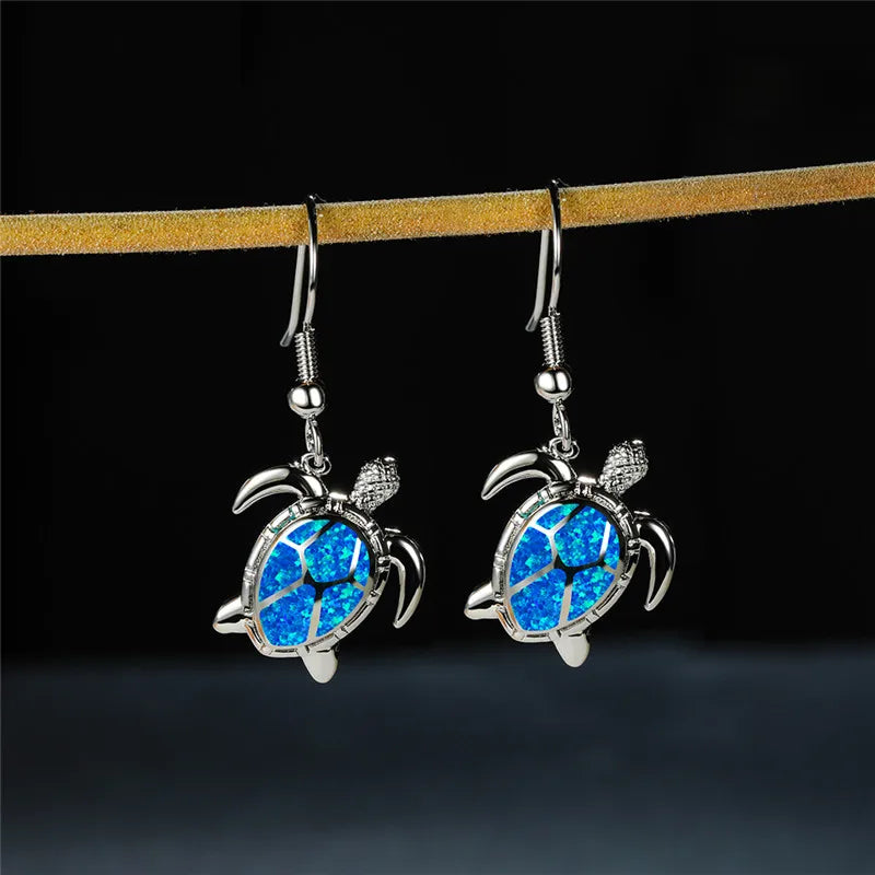 Boucles d'oreilles pendantes longues en forme de tortue marine pour femme, accessoire de mariage, bijoux tendance, pendentif en opale bleue imitation pour femme