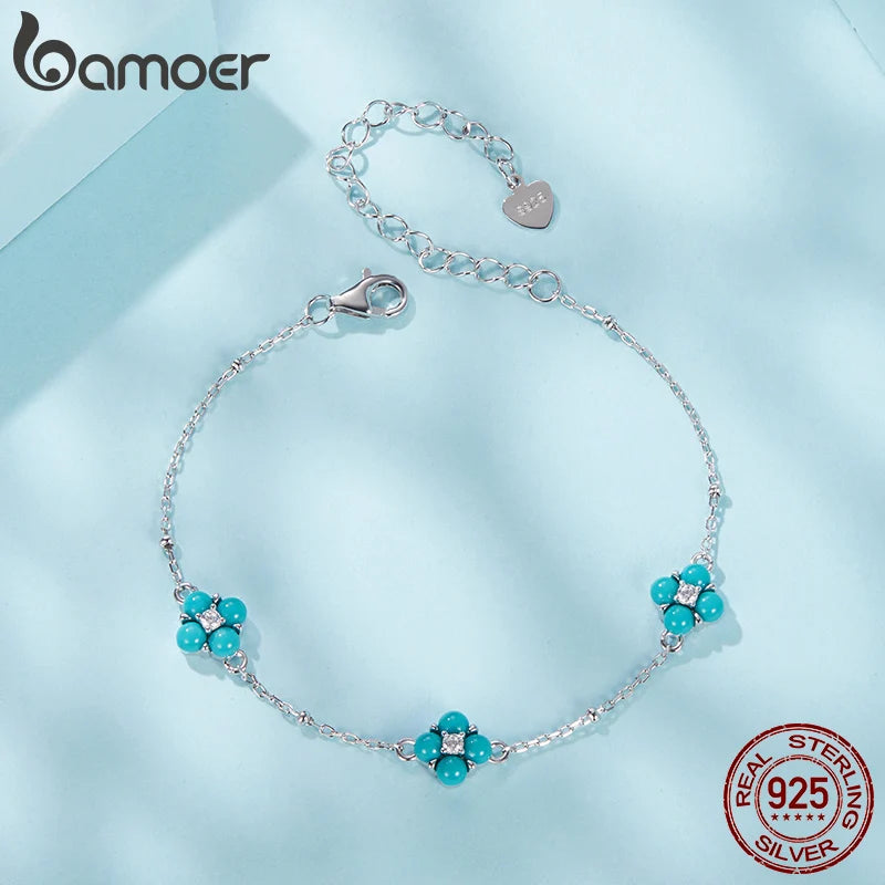 BAMOER Authentisches 925 Sterling Silber Türkis Kleeblatt Armband für Frauen Zarter Schmuck Blumenarmband für Sie SCB289