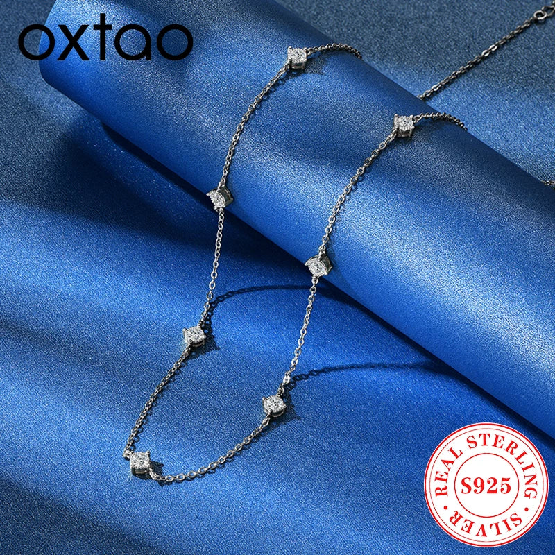 OXTAO 3mm Moissanite Choker Necklace For Women 925 Sterling Silver Clavicle Chain Necklaces Fine Jewelry Gift GRA Certified