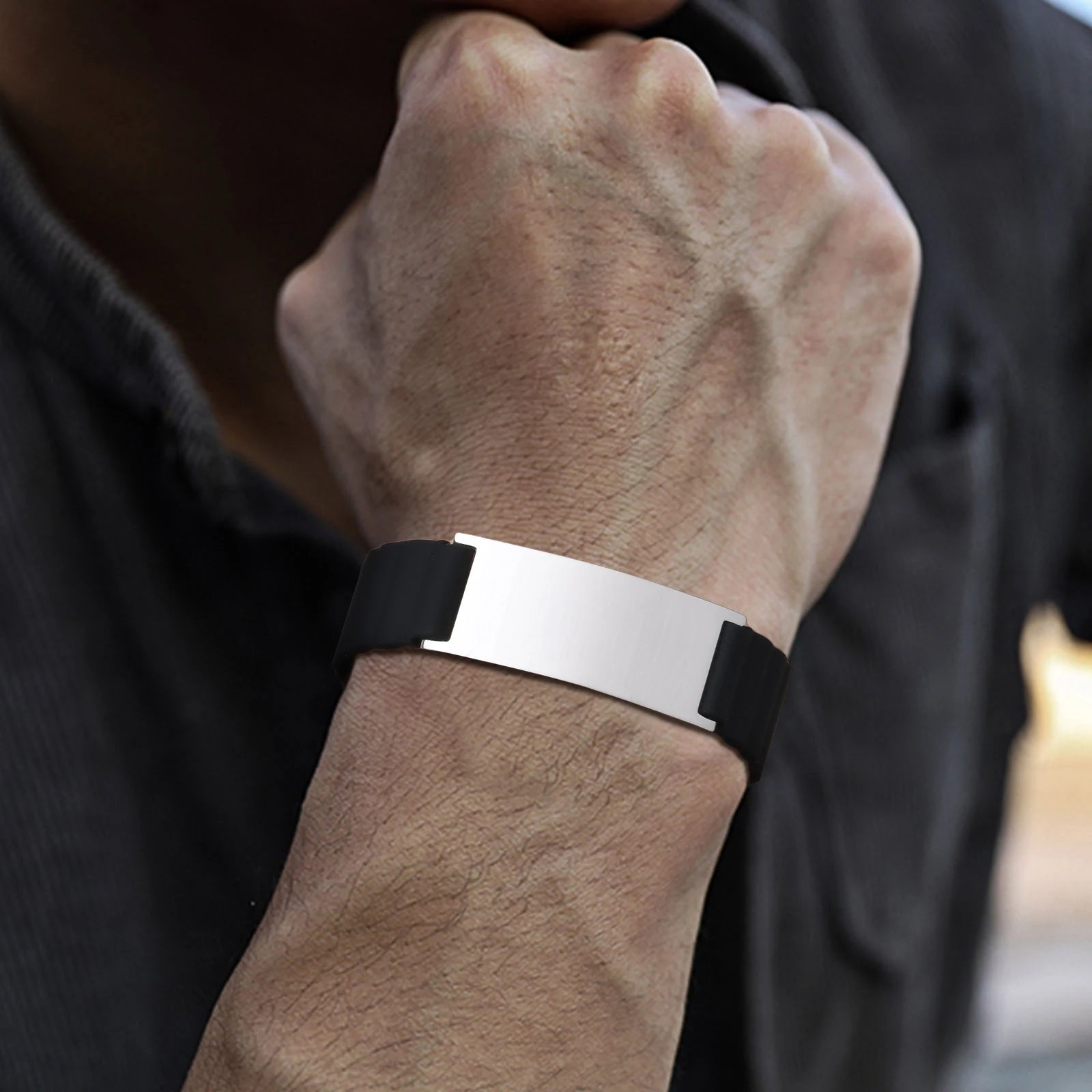 Vnox Soft Comfortable Band Bracelet Gift for Men Dad,Free Custom Steel Bangle, Adjustable Waterproof Magnet Silicone Wristband