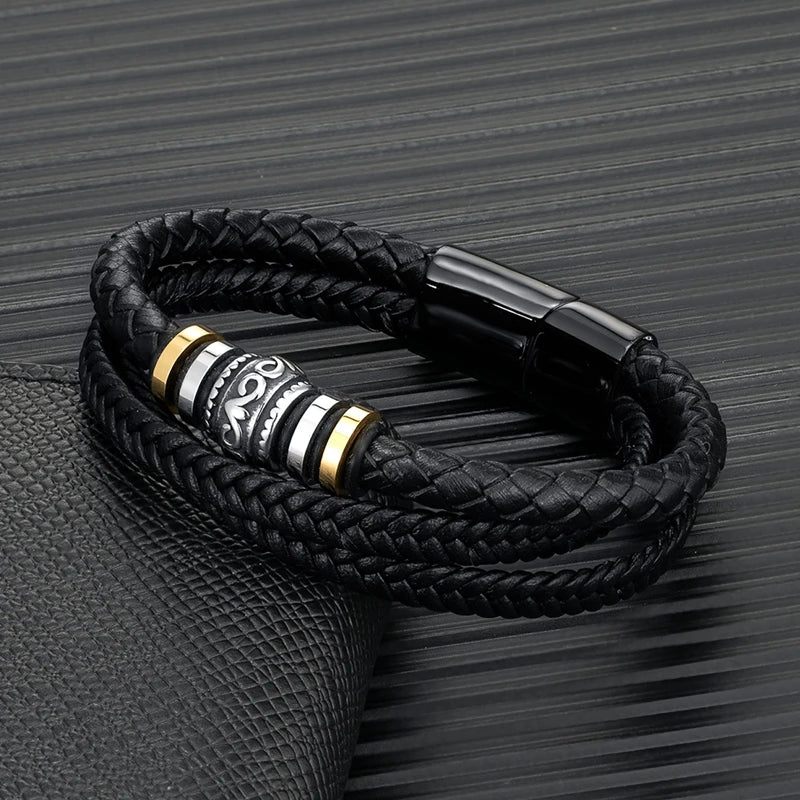 MKENDN Punk Men Multilayer Woven Genuine Leather Bracelet Black Stainless Steel Rune Magnetic Buckle Bracelet Homme Pulseras