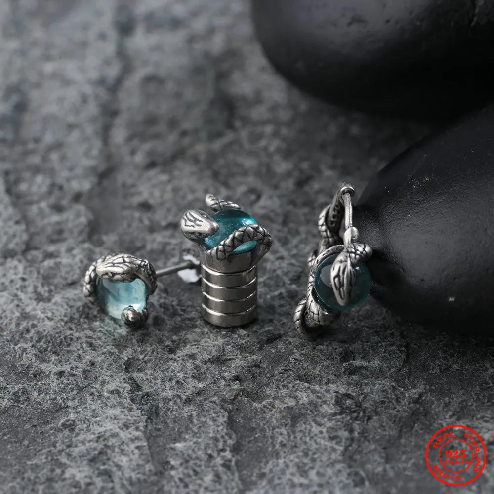 MKENDN 925 Stering Silver Crystal Magnetic No-Pierce Stud Earrings for Men Punk Blue Topaz Magnet Earrings Non Piercing Jewelry