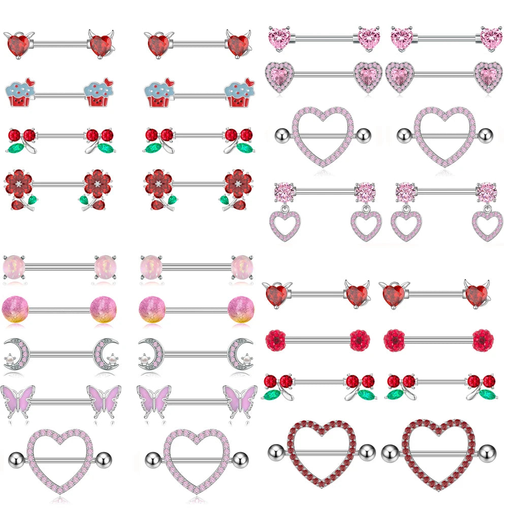 Mixed-Style Red Pink Crystal CZs Nipple Ring Sets 14G Heart Flower Cherry Butterfly Nipple Piercings Lot Nipple Shield Barbell
