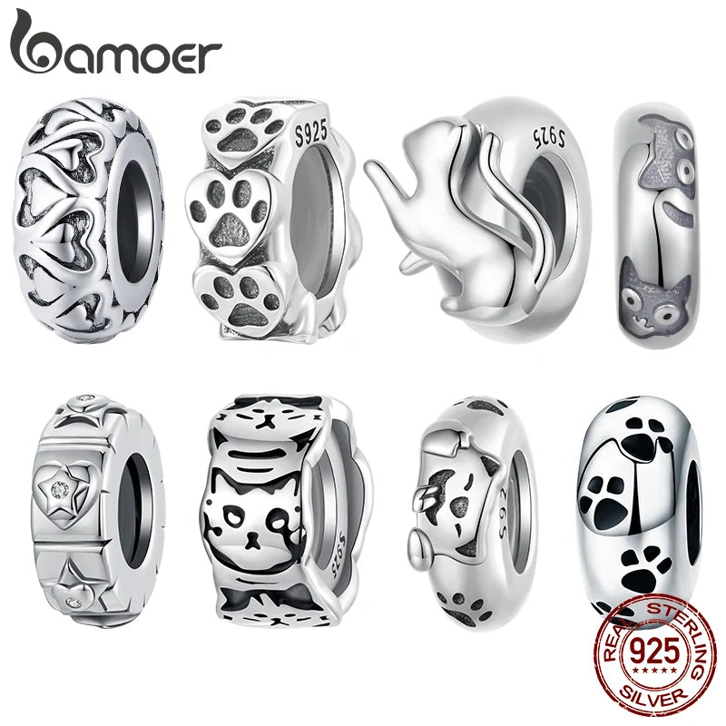Bamoer 925 Sterling Silber Pfotenabdruck Silikonperlen Retro Haustier Herz Anhänger für Frauen und Teenager DIY Schönes Armband Schmuck Accessoires