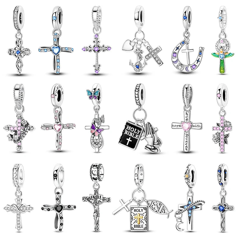 100% 925 Sterling Silver Charms Beads Bible Zircon Cross Jesus Both Hands Pray Fit 925 Original Bracelets Fine DIY Party Jewelry