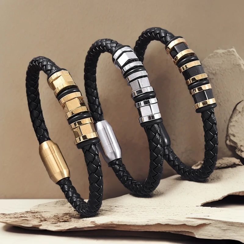 MKENDN Punk Men Stainless Steel Hexagon Beads Bracelet for Men Genuine Leather Bracelets Male Wristband Jewelry Gifts