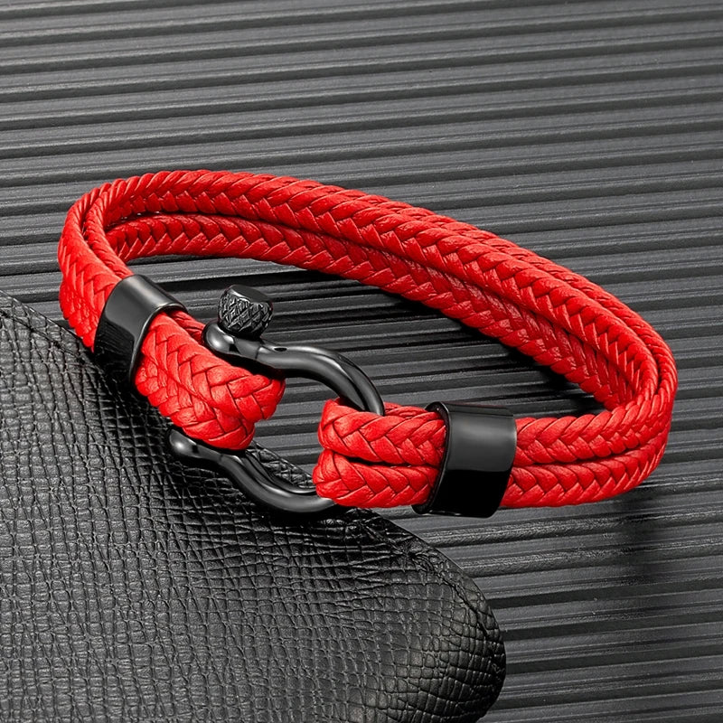 MKENDN Multilayer Woven Leather Bracelet For Men Women Black Stainlass Steel Shackle Screw Bracelets Outdoor Style Jewelry Gifts