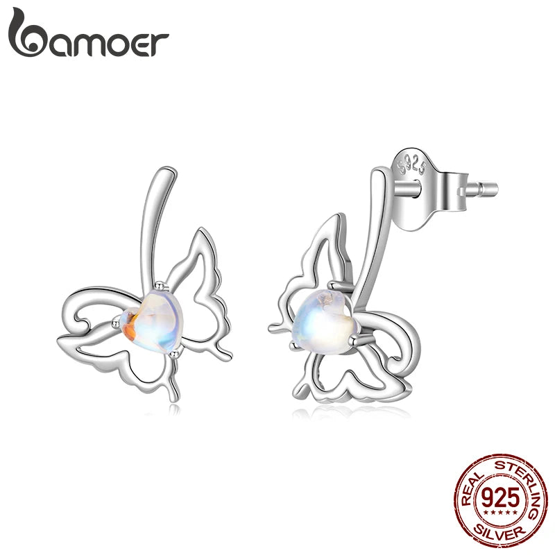 BAMOER Moonlight Butterfly Stud Earrings Moonstone Hollowed Insect Earrings 925 Sterling Silver For Women Minimalist Jewelry