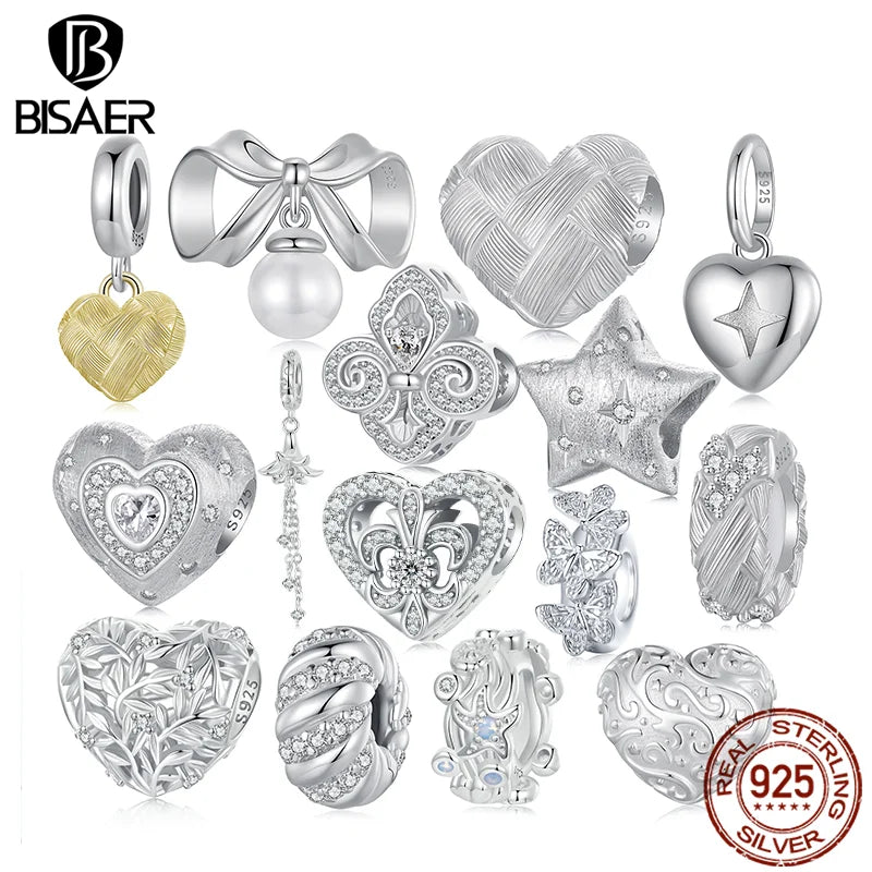 BISAER 925 Argent Sterling Étoile Brillante Coeur Breloque Perle Tissé Iris Perle Bowknot Pendentif Fit Femmes DIY Bracelet Fine Bijoux