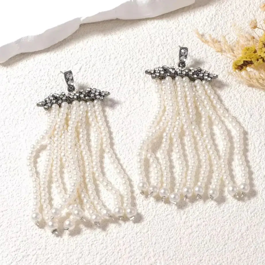 ZAA New Temperament Sweet Long Pearl Tassel Earrings