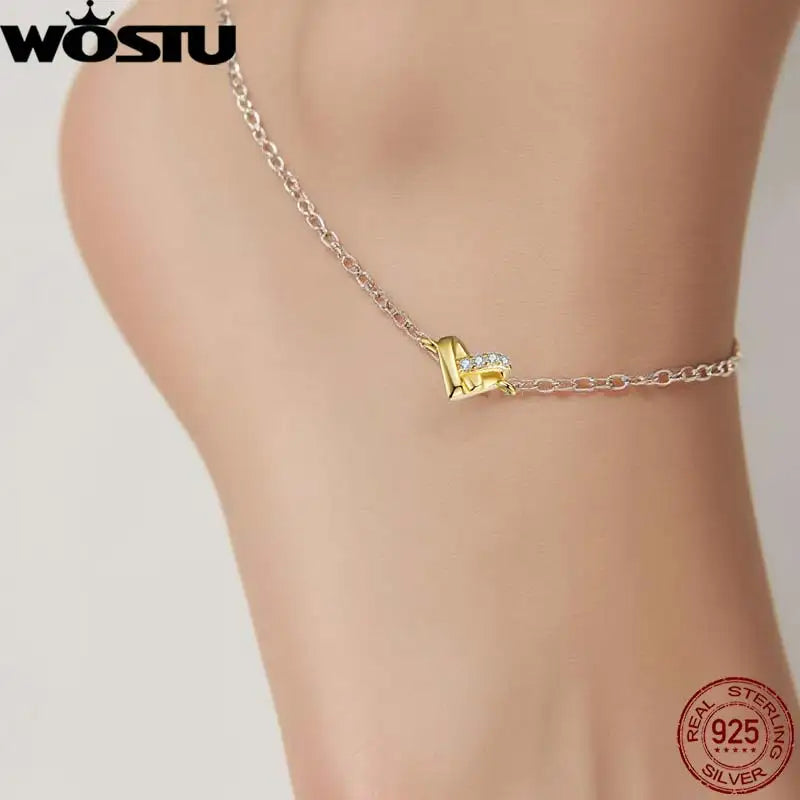 WOSTU 925 Sterling Silver Gold Color Heart Charm Anklet Foot Chain Links, Xmas New Year Girl Daugther Beach Jewelry Holiday Gift