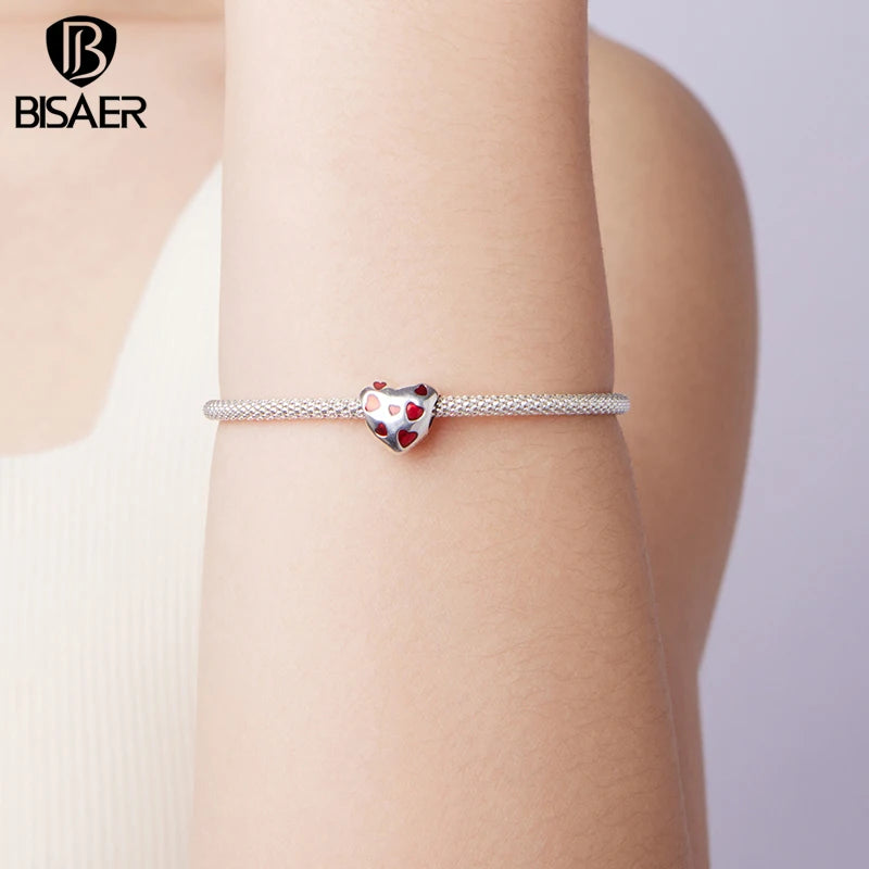 BISAER 925 Sterling Silver Heart Charm Bead Red Enamel Eternal Love Pendant for Women DIY Bracelet & Neckalce Fine Jewelry Gift