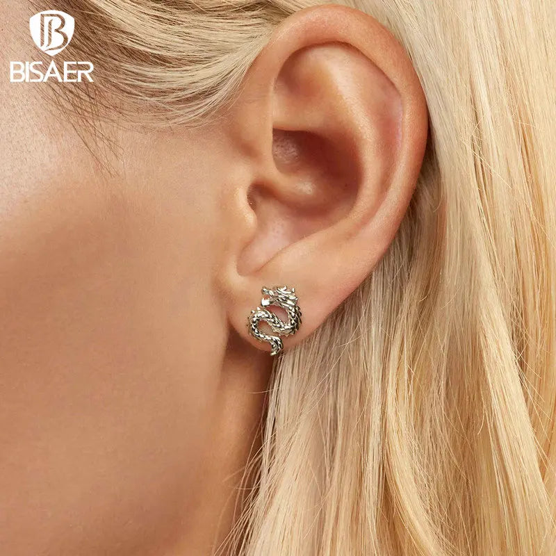Boucles d'oreilles à tige en argent sterling 925 BISAER en forme de dragon volant hypoallergénique plaqué or blanc pour femme