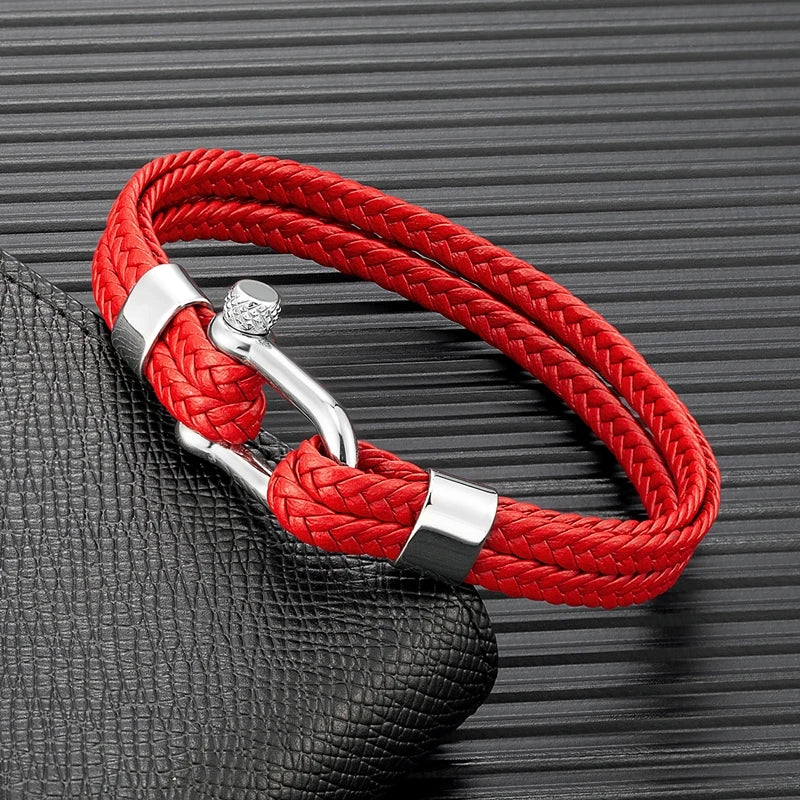 MKENDN Navy Style Leather Bracelet For Men Women Braided Multilayer Rope Chain Stainless Steel U-Shape Shackle Jewelry Pulseras