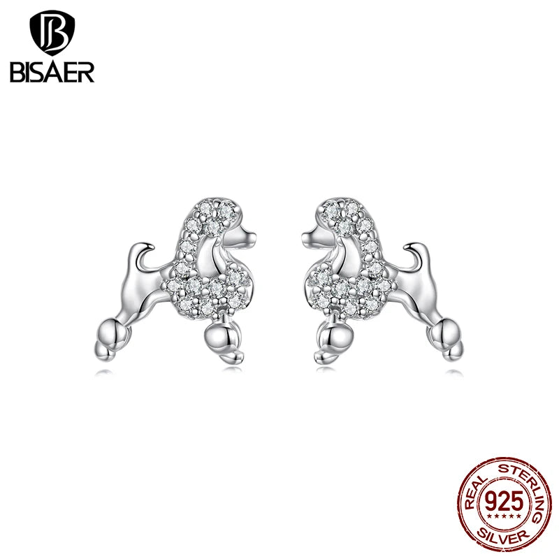 BISAER 925 Sterling Silver Poodle Stud Earrings Pet Dog Earrings Pavé Setting Zircon Plated White Gold for Women Fine Jewelry