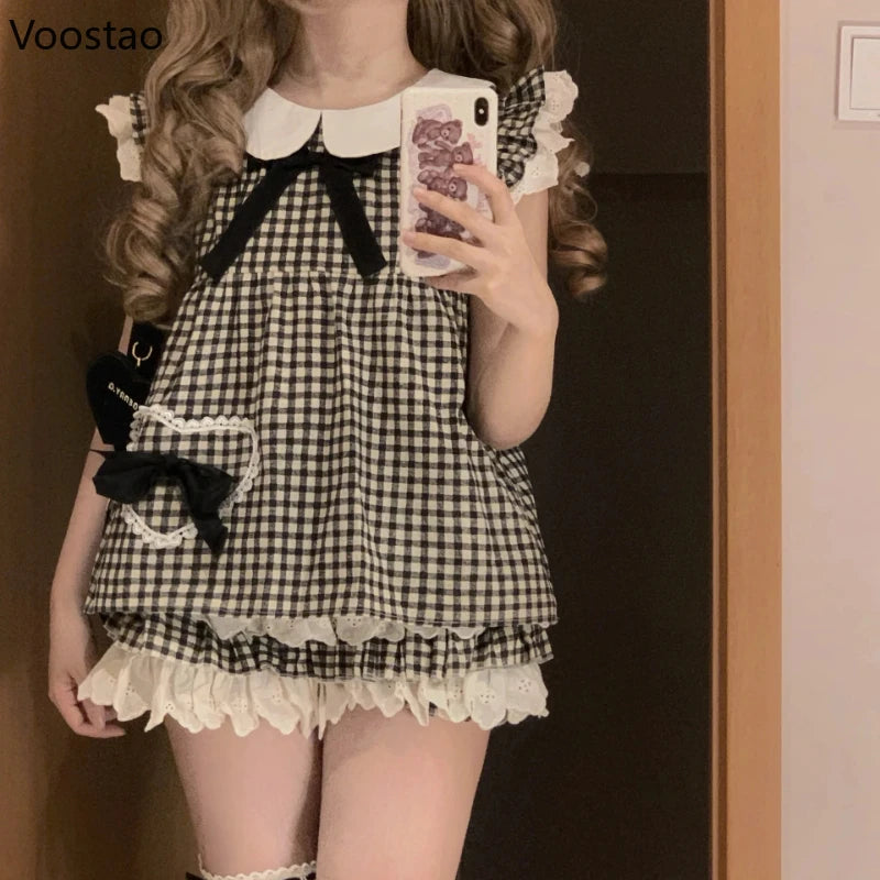 Kawaii Lolita Style Sweet 2 Piece Set Woman Cute Peter Pan Collar Plaid Blouse Tops Y2k Mini Skirts Female Korean Fashion Suit - Madeinsea©