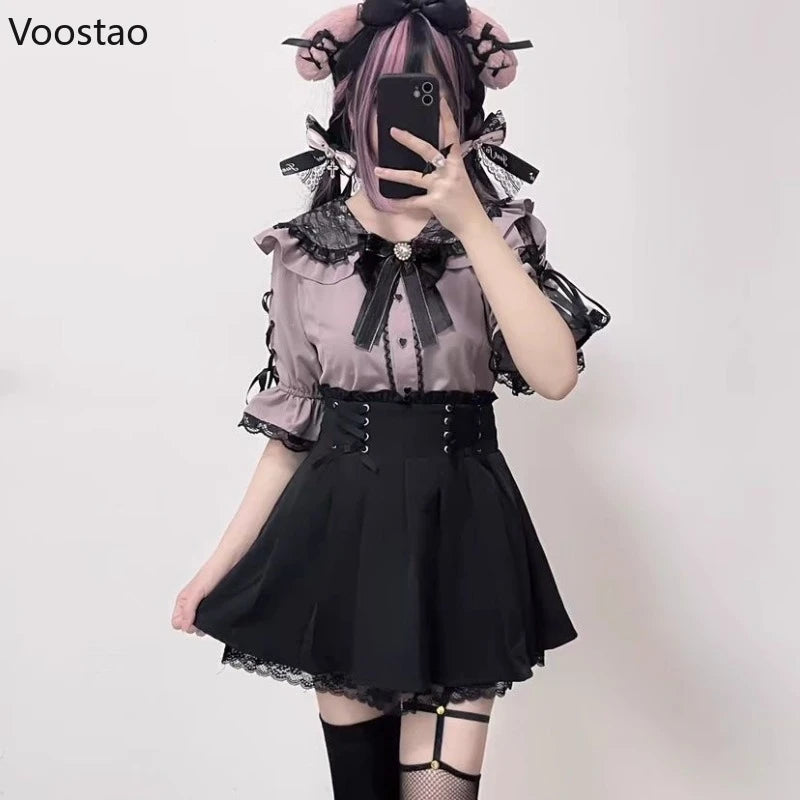 Victorian Gothic Lolita Bow Blouses Japanese Style Sweet Bandage Short Sleeve Lace Peter Pan Collar JK Shirt Women Punk Y2k Tops