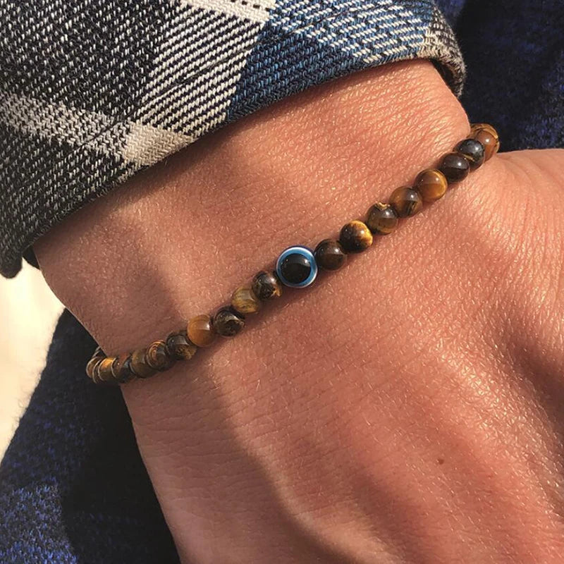 MKENEDN 6mm Natural Stone Beads Evil Eye Bracelet Reiki Hematite Elastic Bracelets For Men Women Hand Jewelry Pulseras Homme - Madeinsea©