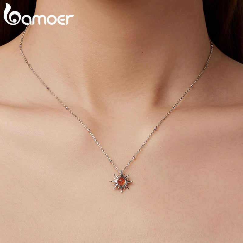 BAMOER 925 Sterling Silver Golden Sun Necklace Natural Sunstone Gem Pendant Necklace Beads Link Chain Women Mother Lucky Gift
