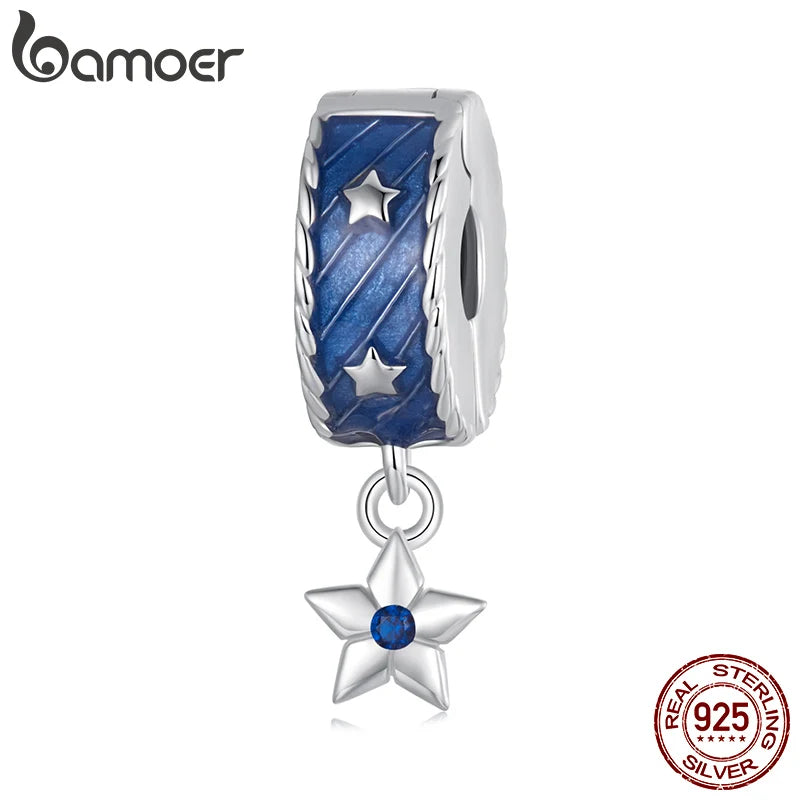 BAMOER Solid 925 Sterling Silver Denim Star Stopper Clip Bead fit Original Bracelet DIY Bamoer Charm for Jewelry Making SCC2933