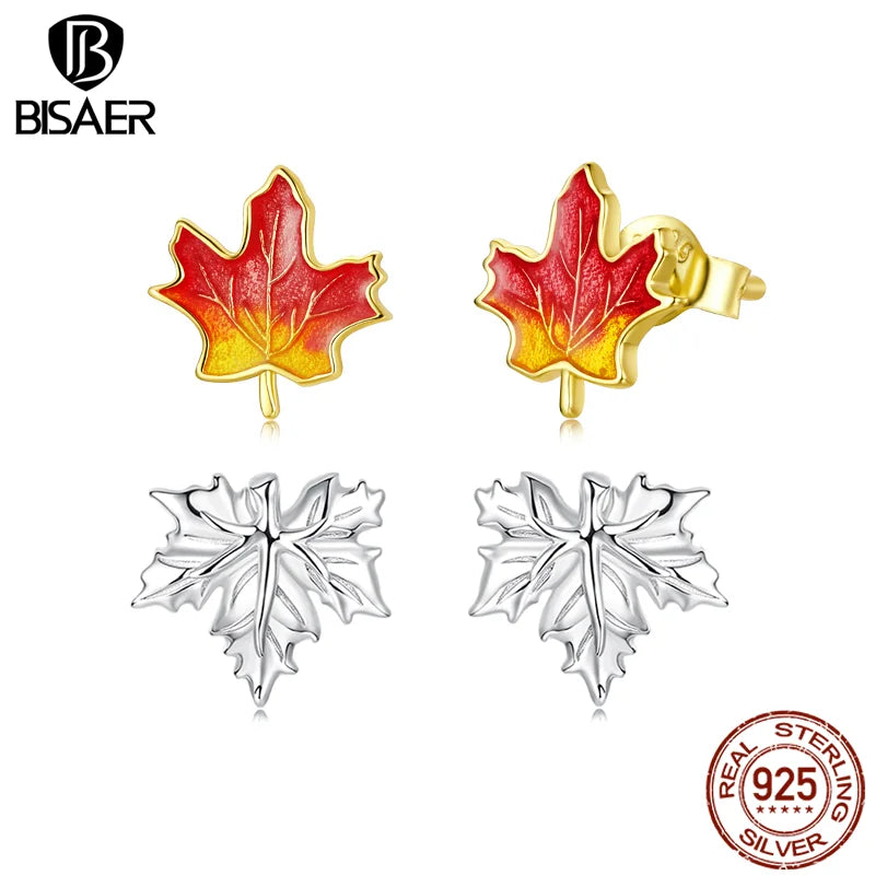 BISAER 925 Sterling Silver Maple Leaves Stud Earrings Maple Leaf Red Enamel Earrings for Girls Party Fine Jewelry Autumn Gifts