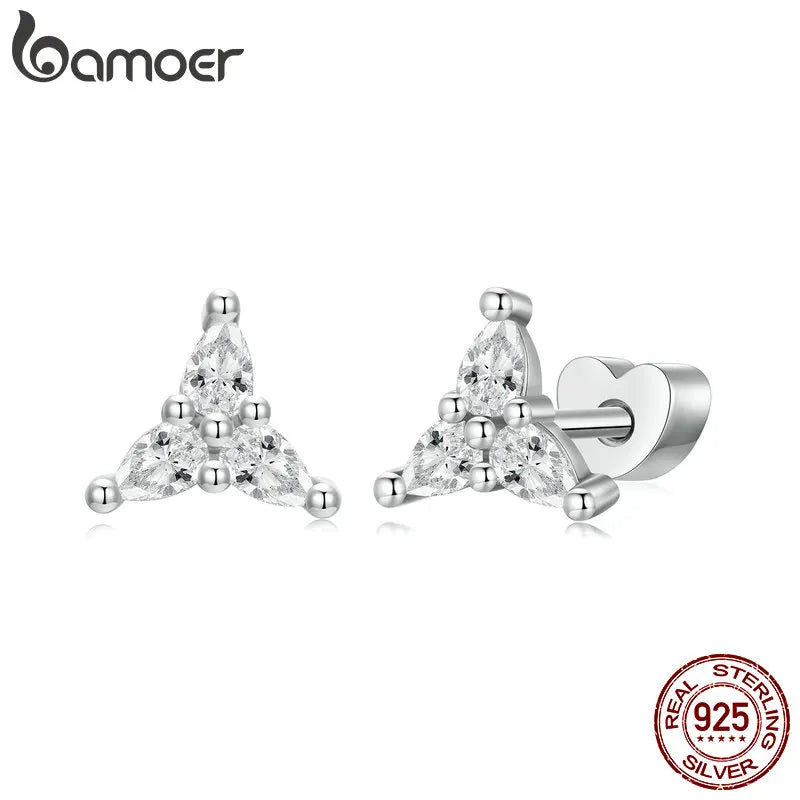 BAMOER 925 Sterling Silver Classic 3 Flowers Sparkling Flower CZ Stud Earrings for Women, Gold Plated Hypoallergenic Earring