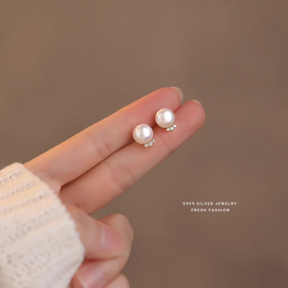 999 Sterling Silver Inlay Zircon Natural Pearl Stud Earrings for Women French Light Luxury Party Jewelry