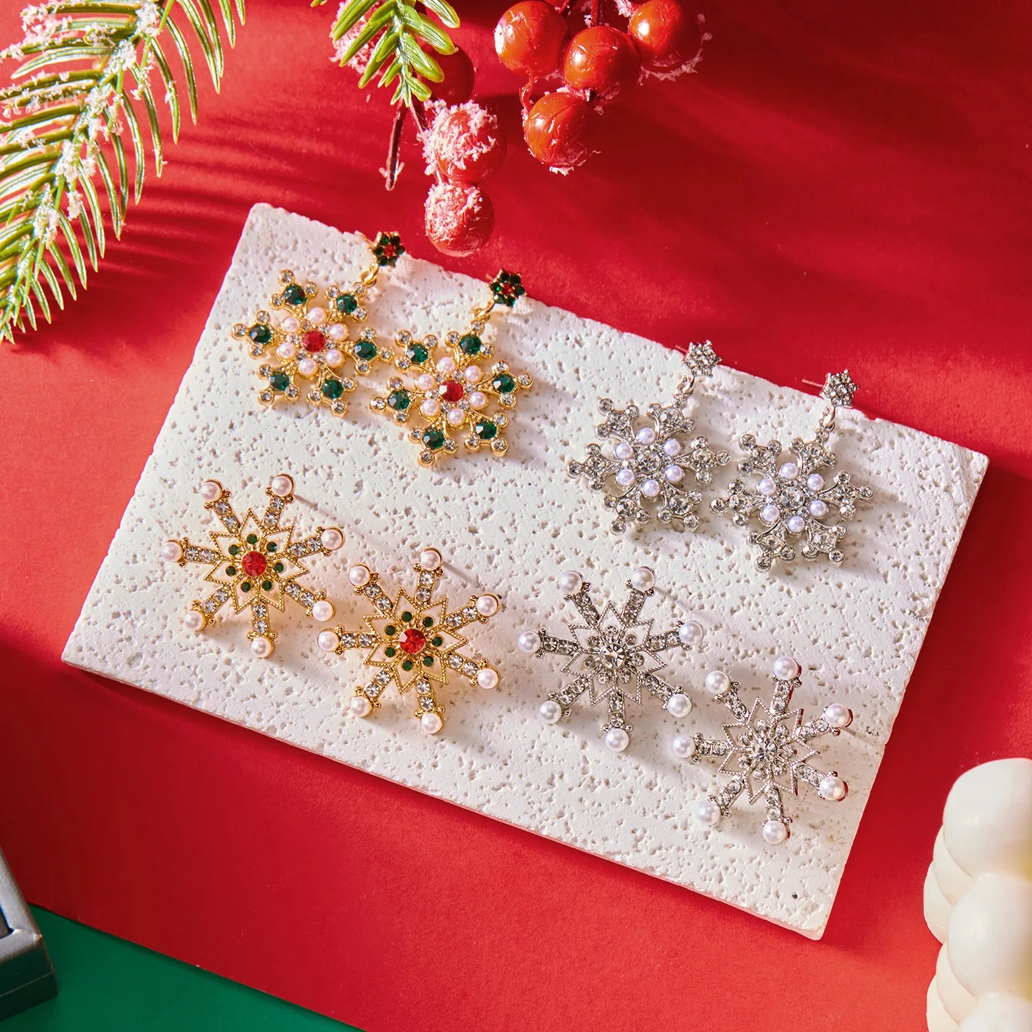 Christmas Rhinestone Snowflake Stud Earrings For Women Colorful Crystal Zircon Pearl Piercing Earring New Year Party Jewelry
