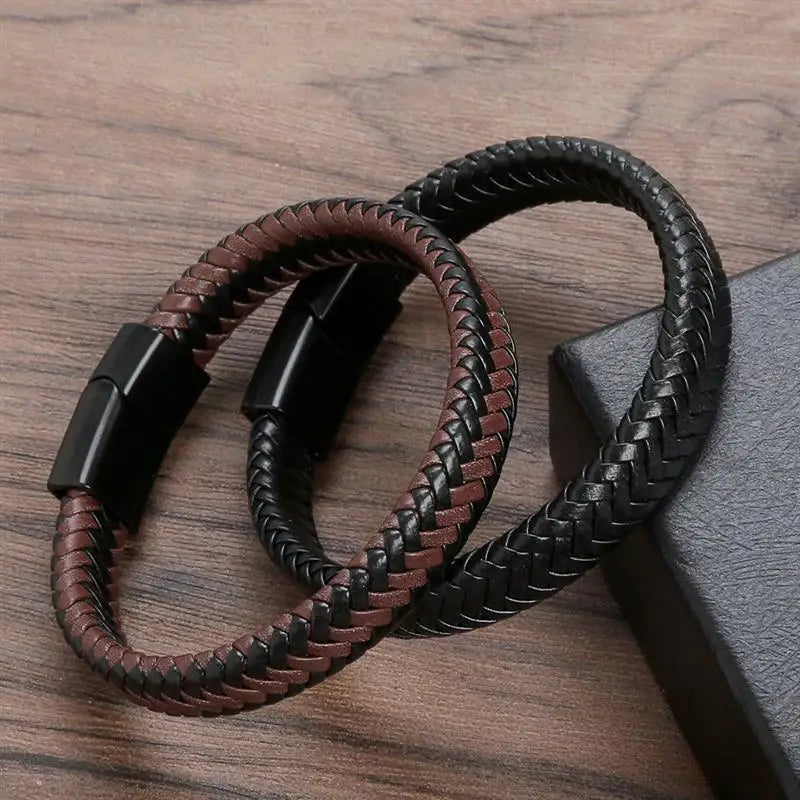 Fashion Punk Men Jewelry Black Braided Leather Bracelet Stainless Steel Magnetic Clasp Fashion Bangles Gift 18.5/22/20.5cm
