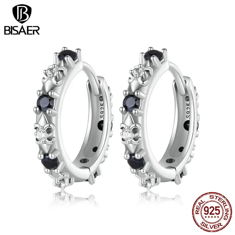 BISAER Boucles d'oreilles créoles en argent sterling 100 % 925 avec zircon noir et onyx, fleur d'iris, vintage, rondes, clip d'oreille pour femmes, bijoux de fête, cadeau