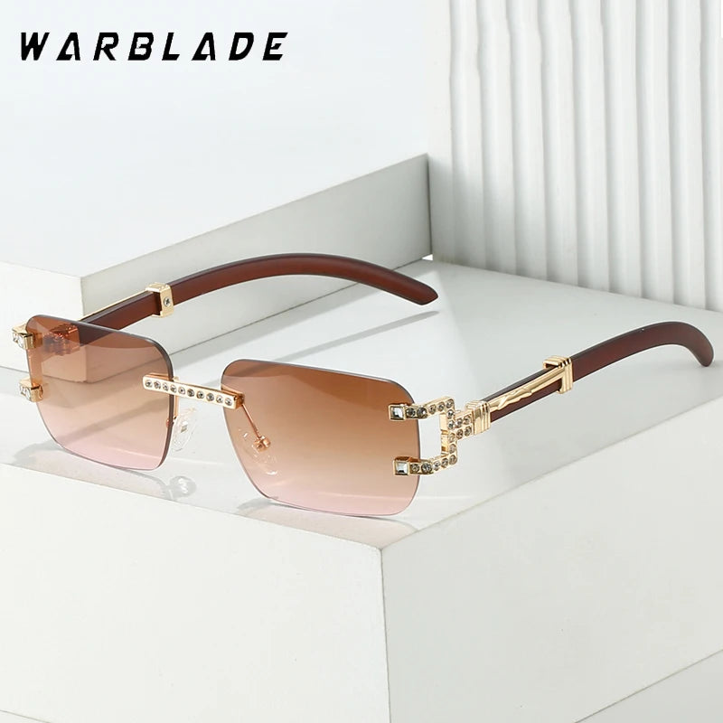 Fashion Women's Vintage Rectangle Rimless Diamond Sunglasses Small Female Shades Rhinestone Square Gradient Colors Eyewear UV400