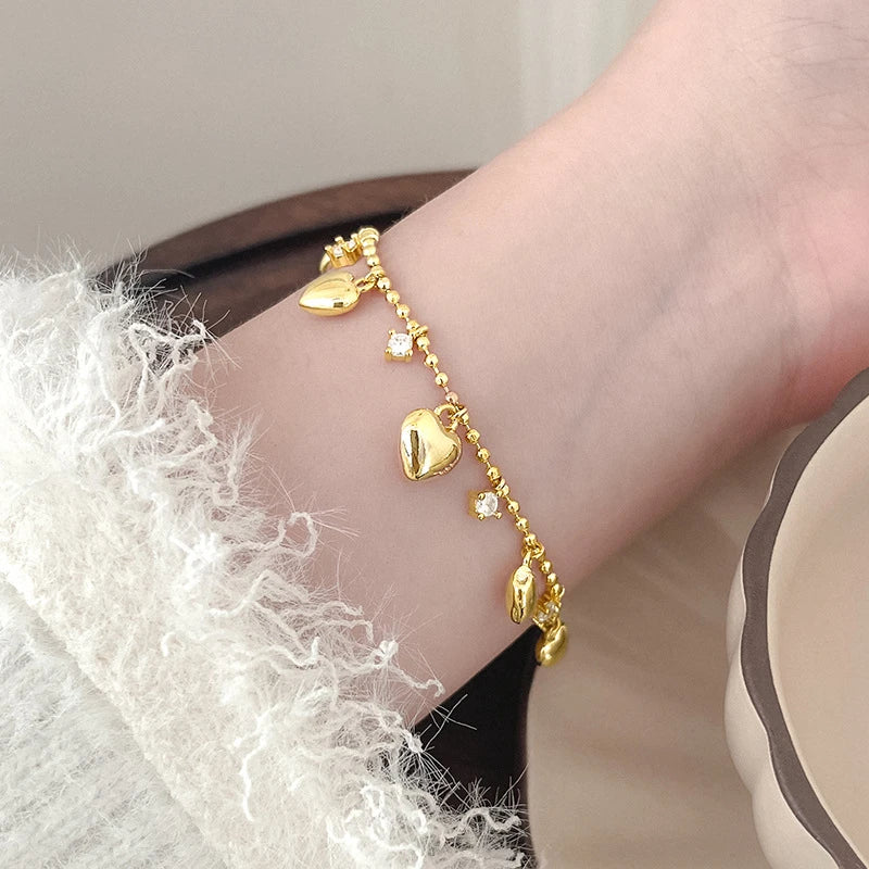 Korean Delicate Heart Beads Shiny Zircon Water Drop Bracelet For Women Simple Love Heart Beaded Adjustable Chain Bangle Jewelry